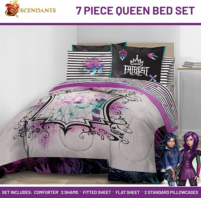 Jay Franco Kids Comforter Set Includes Sheets and Pillow Cover - Soft and Cozy Bed Set for Stylish Room Décor, Multi - Descendants, 7 Piece Queen