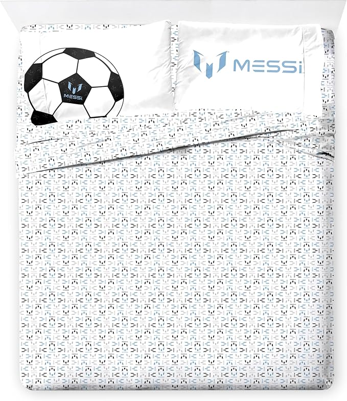Jay Franco Kids Comforter Set Includes Sheets and Pillow Cover - Soft and Cozy Bed Set for Stylish Room Décor, White - Lionel Messi, 7 Piece Full