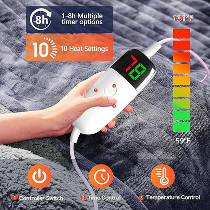 greenoak Heated Electric Blanket Throw, Faux Fur Sherpa Heating Blanket for Sofa Bed, Warm Winter Gift for Dad/Grandma, Heater Lap Blankets 5-Position Timer &10 Heating Levels 62''*84" Marble Grey