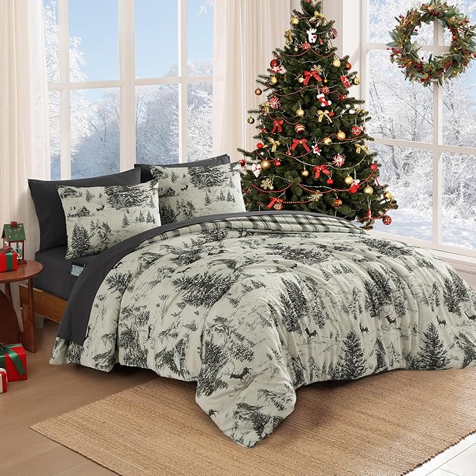 MaiRêve Christmas Queen Comforter Set, Grey Reindeer Tree Bed Set for Holiday, Reversible Gray Plaid Comforter Bed in a Bag, Soft Bedding Set 7 Pieces with Sheets, Pillowcases & Shams