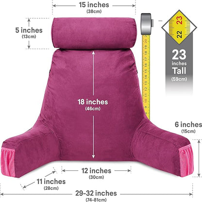 Husband Pillow Medium - Reading Bed Pillow with Arms - Premium Shredded Memory Foam Bed Pillow for Sitting Up - Aspen Edition Sldig Raspberry - Reversible 2 Sided Cover with Plush Microfiber and Suede