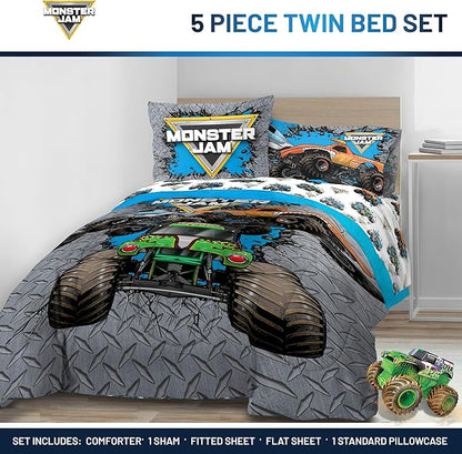 Jay Franco Kids Comforter Set Includes Sheets and Pillow Covers - Soft and Cozy Bed Set for Stylish Room Decor, Gray - Monster Jam 01, 5 Piece Twin Size Bedding