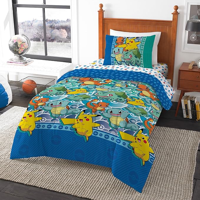 Northwest Twin Bed in a Bag Set – Pokémon First Starters Design – 5-Piece Bedding Set with Comforter, Fitted Sheet, Flat Sheet, Pillowcase, Sham