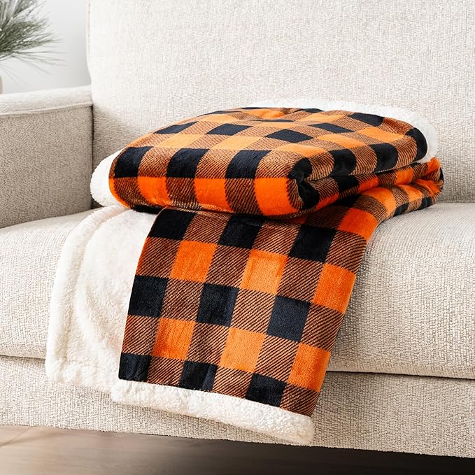 PAVILIA Black Orange Buffalo Plaid Sherpa Throw Blanket for Couch Twin, Soft Fuzzy Flannel Blanket for Bed, Plush Halloween Checkered Fleece Blanket and Throws, Warm Thick Winter Blanket Gift, 60x80