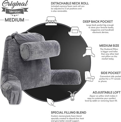 Husband Pillow Medium Dark Grey, Backrest for Kids, Teens, Petite Adults - Reading Pillows with Arms, Adjustable Loft, Plush Memory Foam, Bed Rest Chair Sitting Up, Detach Neck Roll, Removable Cover