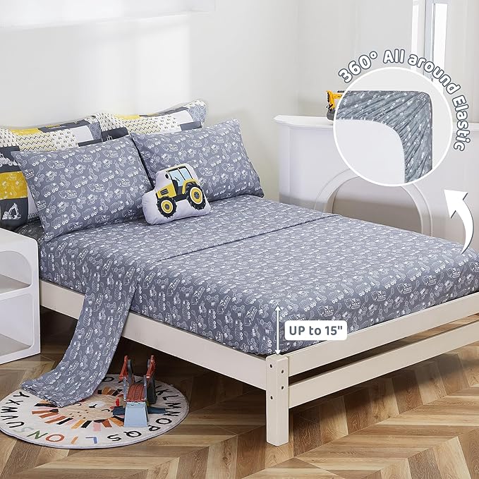 Mooreeke Kids Twin Comforter Sets for Boys 6 Pieces Yellow Excavator Bedding Set for Teens Microfiber Kids Bed in A Bag with Comforter, Sheet Set, Shams and Decorative Toy Pillow All Season