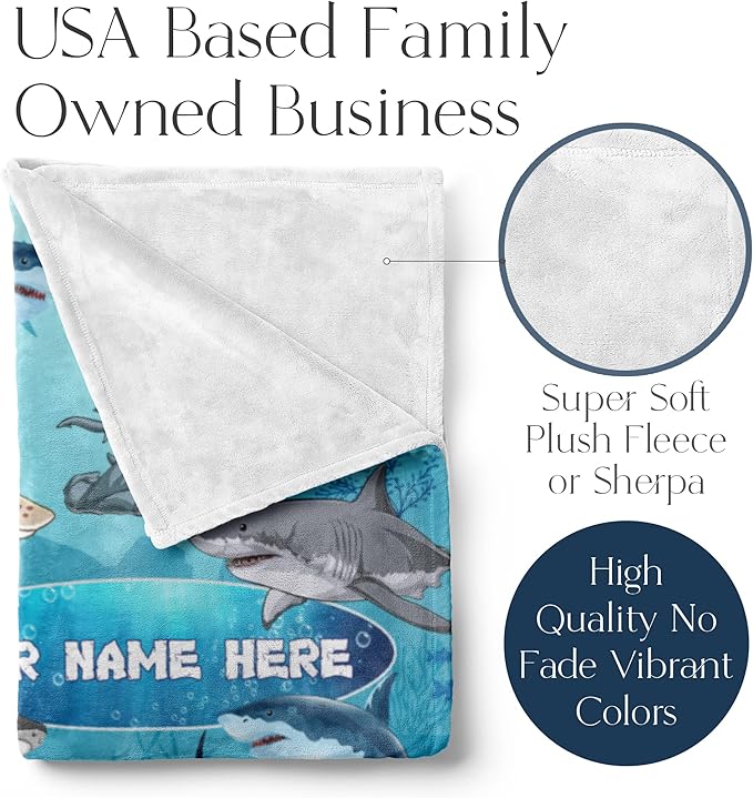 Personalized Shark Blanket for Kids - Ships Next Day and Made in USA - Soft Fleece Throw Bed, Cute Room Decor, Plush Sofa Couch Cover, Lightweight Baby Shark Toys, Custom Gift (Sherpa – 60x80)