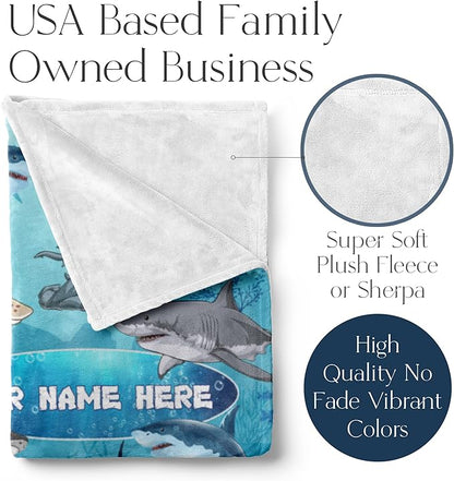 Personalized Shark Blanket for Kids - Ships Next Day and Made in USA - Soft Fleece Throw Bed, Cute Room Decor, Plush Sofa Couch Cover, Lightweight Baby Shark Toys, Custom Gift (Sherpa – 60x80)