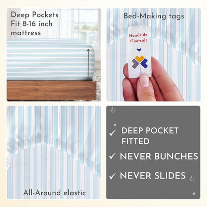 California Design Den Queen Sheet Set - 400 Thread Count Sateen, Natural 100% Cotton Bed Sheets Queen Size, Deep Pocket and Durable Bedding - Cape Stripe