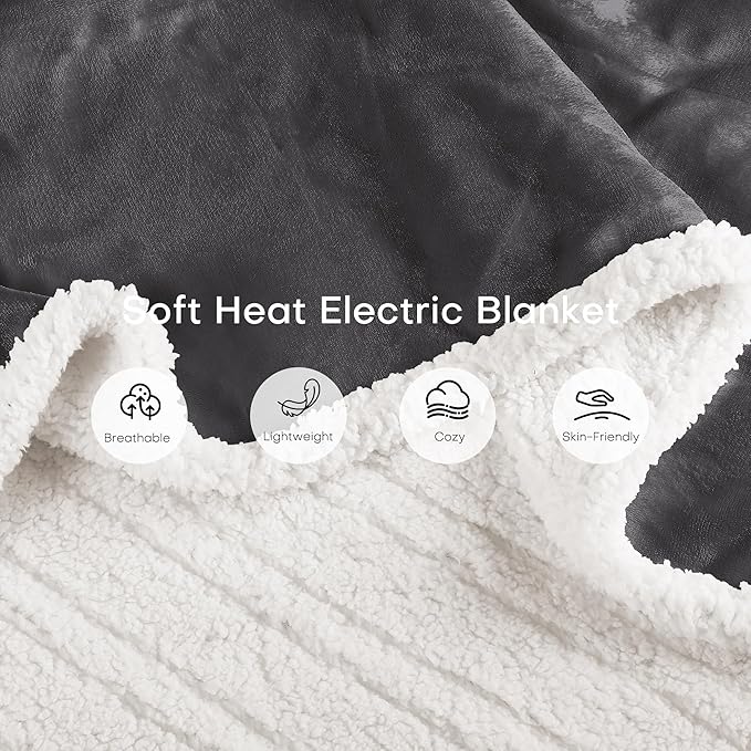 Electric Heated Blanket Throw Size 50"x60" - Dual-Sided with Microplush & Sherpa Fabric, 4 Heat Settings & 3 Hours Auto Off, Machine Washable - Iron Gray