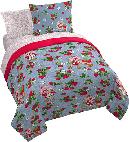 Jay Franco Kids Comforter Set Includes Sheets and Pillow Covers - Soft and Cozy Bed Set for Stylish Room Decor, Blue - Strawberry Shortcake, 7 Piece Queen Size Bedding