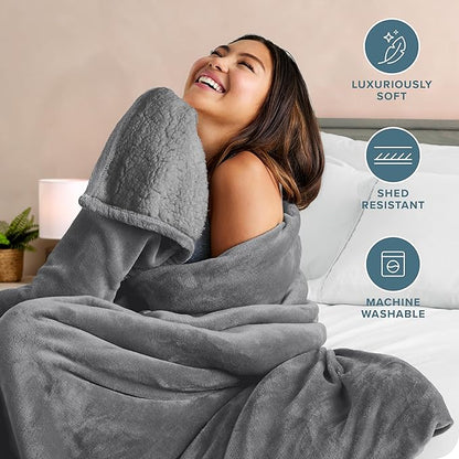 Bare Home Sherpa Fleece Blanket - Throw/Travel Size - Blanket for Bed, Sofa, and Couch - Warm & Lightweight - Fluffy & Soft - Reversible (Throw/Travel, Grey with Grey Sherpa)