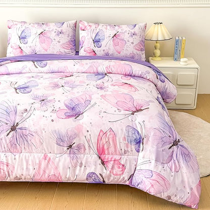 MWMWMW Girls Full Size Comforter Set, 5 Piece Pink Purple Butterfly Bedding Set for Girls Kids, Girls Beddding Set Full with 1 Comforter, 1 Flat Sheet, 1 Fitted Sheet & 2 Pillowcases