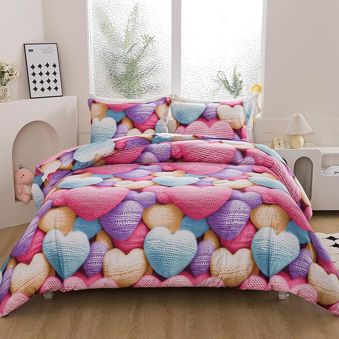 Caressma Heart Print Comforter Set Queen Size, Stereoscopic 5D Lovely Teens Romantic Comforter for Girls and Boys, Colorful Cute Heart Pattern Bedding Comforter Set for All Seasons with Pillowshams