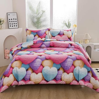 Caressma Heart Print Comforter Set Twin, Stereoscopic 5D Lovely Romantic Comforter Sets for Teens Girls and Boys, Colorful Cute Heart Pattern Bedding Comforter Set for All Seasons with Pillowshams