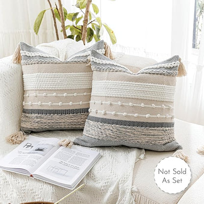 BlissBlush Gray Boho Throw Pillow Cover 22x22, Grey Decorative Accent Pillow for Couch, Square Woven Textured Pillowcase, Modern Farmhouse Pillow for Bed, Bohemian Pillow Cover (Pack of 1)