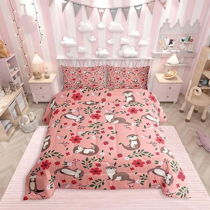 Lovely Otter Comforter Set Twin Size 2 Pcs Cartoon Pink Strawberry Flowers Decor Comforter for Kids Boys Girls Cute Wild Animals Rustic Style Bedding Set with 1 Pillowcase+1 Comforter