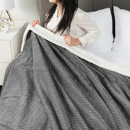 PAVILIA Dark Gray Twin Bed Blanket Reversible Sherpa Chevron, Soft Cozy Jacquard Weave Textured Throw Sofa Couch, Thick Warm Large Fleece Car Blanket, Decorative Plush Home Decor Gift, 60x80 Dark Grey