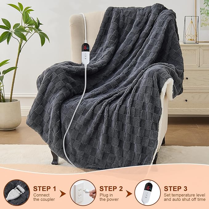 Electric Heated Blanket Full Size - Jacquard Checkered Sherpa 72"x84" Fast Heating Bed Blankets with 6 Heating Levels & 10 Hours Auto Off, Over-Heat Protection ETL, Dark Gray
