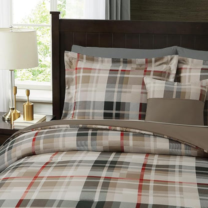MaiRêve Plaid Queen Comforter Sets Khaki, Classic Farmhouse Bedding Set Bed in A Bag 7 Pieces, Lightweight All Season Comforter Set with Fitted & Flat Sheet, Pillowcases & Shams