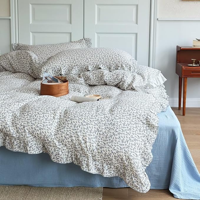 BuLuTu Vintage Blue Floral Duvet Cover Full, Princess Ruffles Bedding Set for Kids Teens, Muslin Cotton Quilt Cover with 2 Pillow Cases, Soft Lightweight Breathable, All Seasons