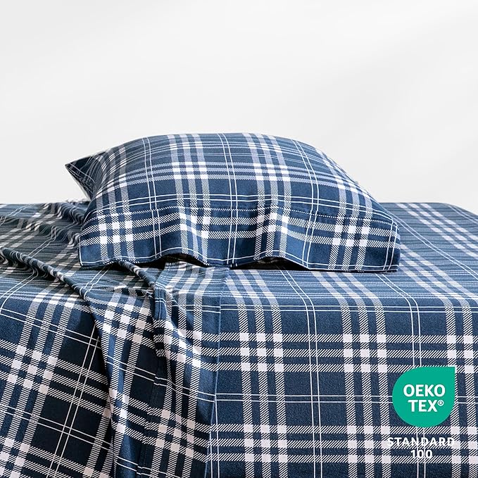 Bare Home Flannel Sheet Set Prints, 100% Cotton, Velvety Soft Heavyweight - Double Brushed Flannel for Extra Softness & Comfort - Deep Pocket - Bed Sheets (Twin, Stirling Plaid - Blue/White)
