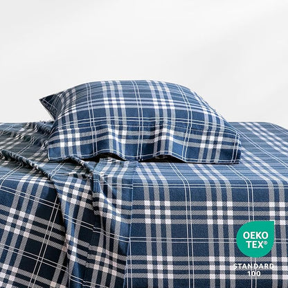 Bare Home Flannel Sheet Set Prints, 100% Cotton, Velvety Soft Heavyweight - Double Brushed Flannel for Extra Softness & Comfort - Deep Pocket - Bed Sheets (Twin, Stirling Plaid - Blue/White)