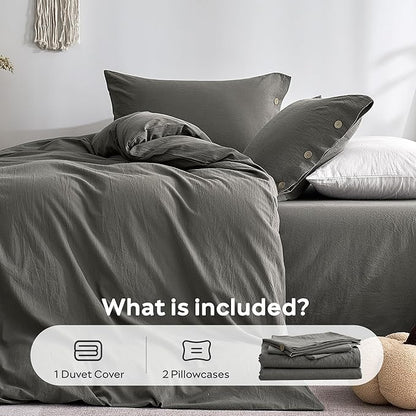 JELLYMONI 100% Washed Cotton Duvet Cover Queen – Soft, Breathable Linen-Look Bedding with Natural Wrinkle Texture, Button Closure, 3-Piece Set (Dark Grey, 90"x90")