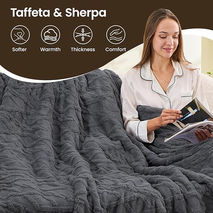 Heated Blanket Electric Blanket 62"x84", Soft Taffeta Sherpa Electric Throw with 5 Heating Level & 1-12 Hour Auto Off, Heated Throw with Overheating Protection, Machine Washable (Dark Grey)