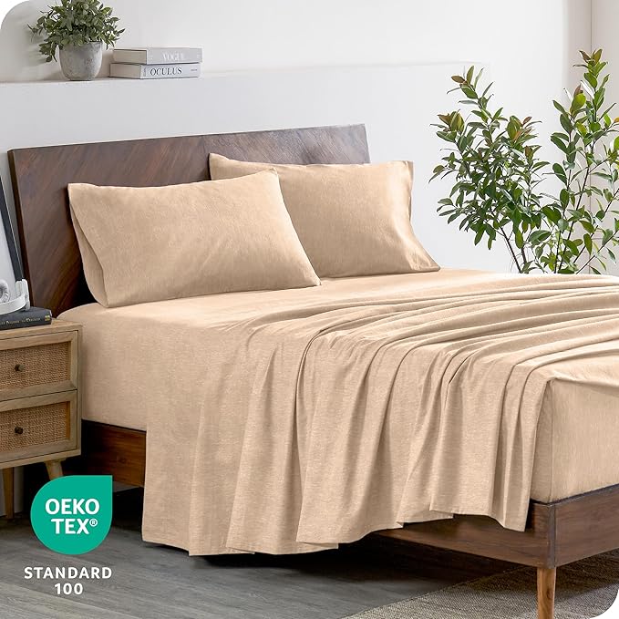 Bare Home Flannel Sheet Set Prints, 100% Cotton, Velvety Soft Heavyweight - Double Brushed Flannel for Extra Softness & Comfort - Deep Pocket - Bed Sheets (King, Heathered Oatmeal)