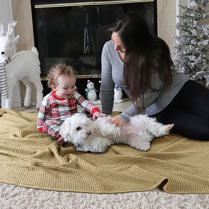 Tex Trend Waffle Blanket – 100% Cotton Blankets Queen Size – Breathable and Soft for Christmas – Suitable for Bed Layering, Sofa & Couch - Khaki (90”x90”)