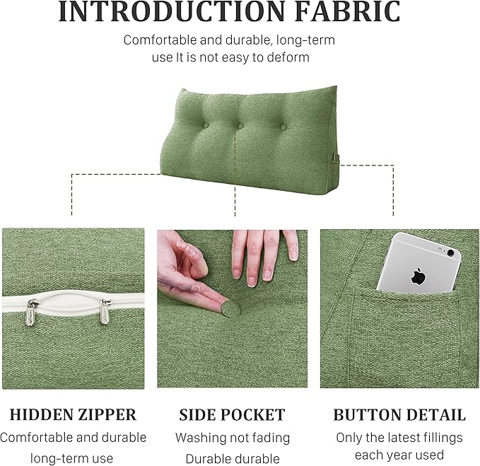 8 lbs Thickened Twin Headboard Pillow Wedge College Dorm Bed Pillow for Backrest Reading Triangular Pillow with Side Pocket for Sitting in Bed, Dorm Bedding Essentials for Girls & Boys Green