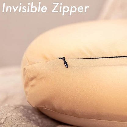 PILLOWY Premium Microbead Bed Pillow, Small Extra Fluffy But Supportive - Ultra Comfortable Sleep with Silk Like Anti Aging Cover 85% Spandex/ 15% Nylon Breathable, Cooling Barely Beige