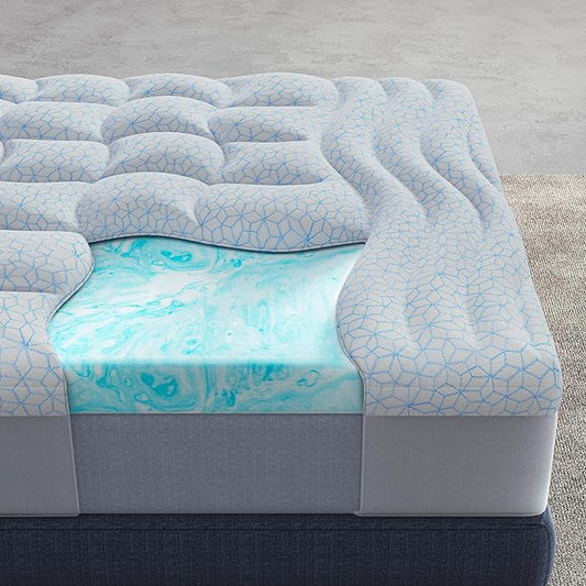 Dual Layer 4 Inch Cooling Memory Foam Mattress Topper King Size, 2 Inch Thick Soft Quilted Ice Silk Pillow Top Cover Plus 2 Inch Gel Memory Foam Mattress Pad for Back Pain Relief