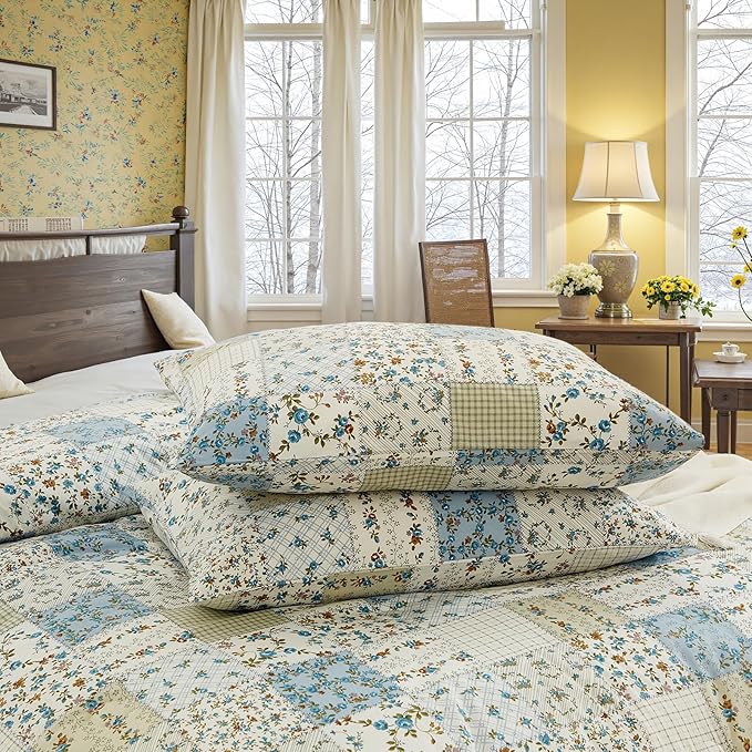 Blue Floral Duvet Cover Set Twin Size 100% Cotton Botanical Patchwork Vintage Bedding Quilt Cover All Season 2 Pieces Soft Lightweight Comforter Cover