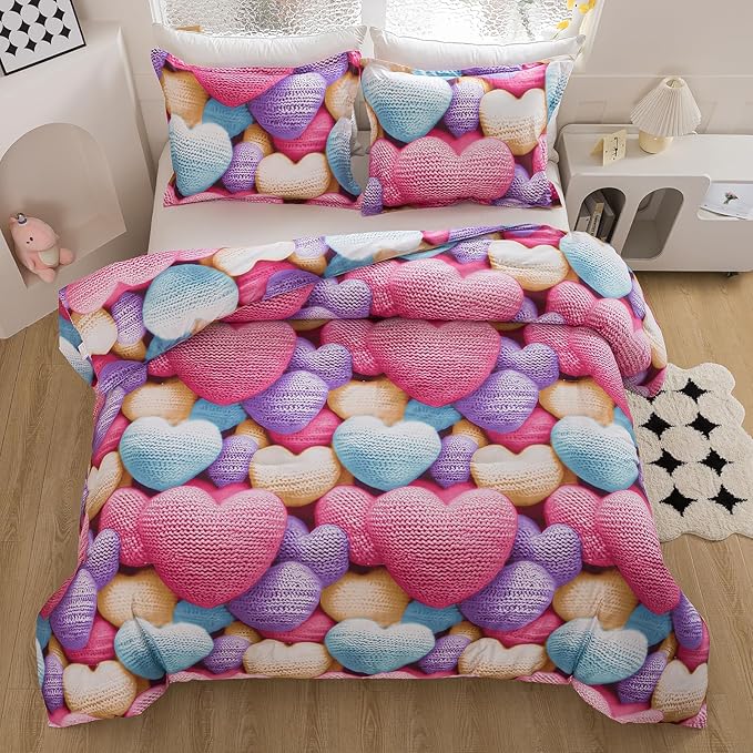 Caressma Heart Print Comforter Set Queen Size, Stereoscopic 5D Lovely Teens Romantic Comforter for Girls and Boys, Colorful Cute Heart Pattern Bedding Comforter Set for All Seasons with Pillowshams