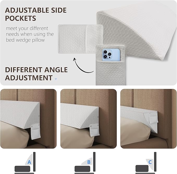 Bed Wedge Pillow for Headboard Gap Bed Mattress Gap Filler (0-8") Between Headboard/Wall and Mattress White Twin Size Foam Support Triangle Bloster Pillow Stoppers with 2 Pockets