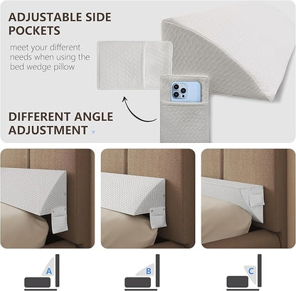 Bed Wedge Pillow for Headboard Gap Bed Mattress Gap Filler (0-8") Between Headboard/Wall and Mattress White Twin Size Foam Support Triangle Bloster Pillow Stoppers with 2 Pockets