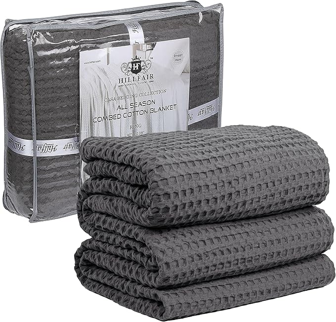 HILLFAIR 100% Cotton Blanket- 120"x120" XXL Oversized King Bed Blankets- Family Size 10 ft x 10 ft Big- Waffle Blankets- All Season Soft Breathable- Extra Large King Cotton Blanket for Bed- Grey