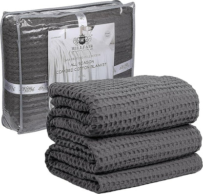 HILLFAIR 100% Cotton Blanket- 120"x120" XXL Oversized King Bed Blankets- Family Size 10 ft x 10 ft Big- Waffle Blankets- All Season Soft Breathable- Extra Large King Cotton Blanket for Bed- Grey