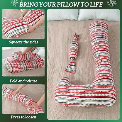 Long Body Pillow with Mini Candy Pillow - Full Size Hugging & Cuddle Bolster, Removable Red Christmas Print Cover, Adjustable Firmness, Machine Washable- for Adults, Kids, Pregnancy Support