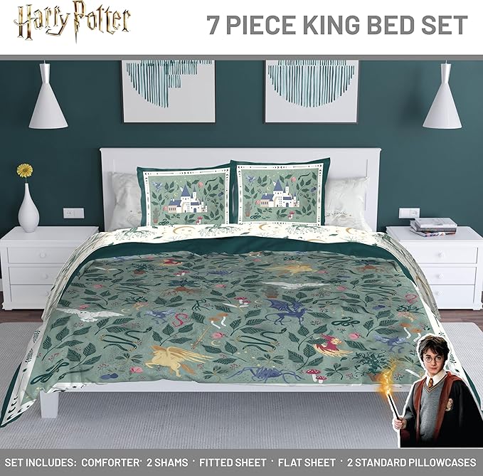 Jay Franco Kids Comforter Set Includes Sheets and Pillow Covers - Soft and Cozy Bed Set for Stylish Room Decor, Official Licensed Product, Green - Harry Potter, 7 Piece King