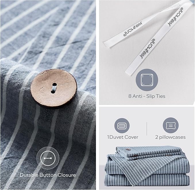JELLYMONI Cotton Duvet Cover Queen Size - Blue Vertical Pinstriped Comforter Cover with Button 100% Washed Cotton 3PCS Breathable Soft Solid Bedding Set Duvet Cover 90×90in & 2 Pillowcases