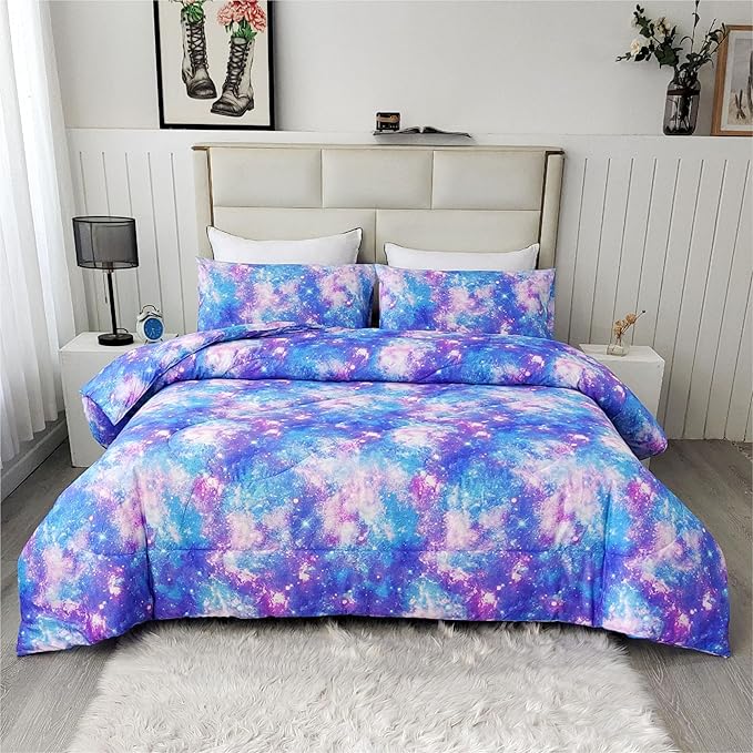 SDIII 3PCS Colorful Galaxy Comforter Set Full, Microfiber Lightweight Space Comforter Full, Space Bedding Quilt Set for Boys Girls Kids and Teens