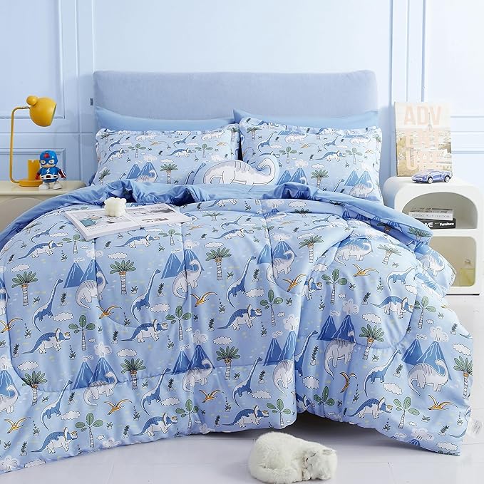 Mooreeke Kids Twin Comforter Sets for Boys 6 Pieces Dinosaur Blue Bedding Set for Teens Soft Microfiber Kids Bed in A Bag with Comforter, Sheet Set, Shams and Decorative Toy Pillow All Season
