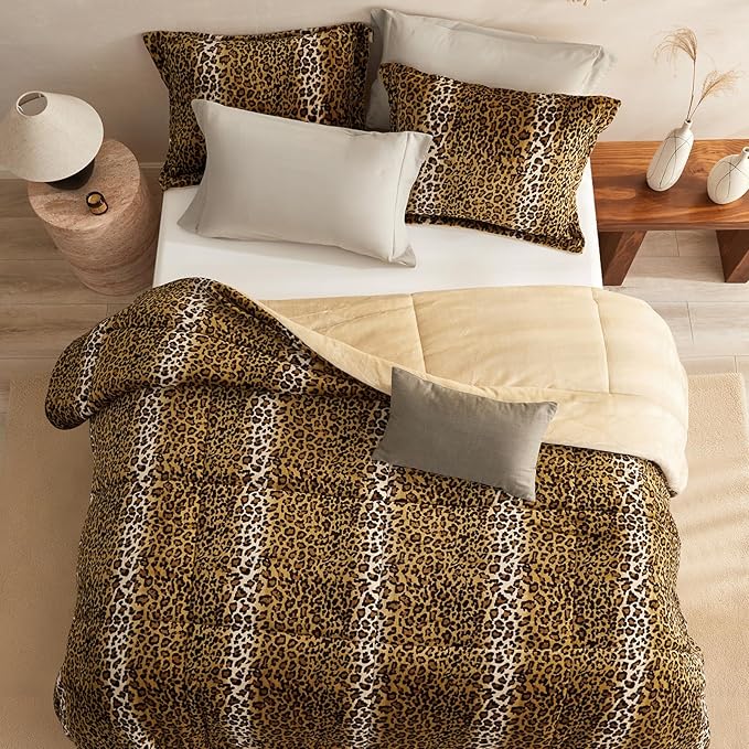 Petrichor Leopard Velvet Flannel King Comforter Set-Cheetah Print Western Blanket,Luxury Fuzzy Heavy Bedding Set,3 Pieces Plush Winter Bed Set with Comforter (90"x104")&2 Pillow Shams (20"x36"