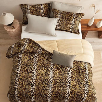 Petrichor Leopard Velvet Flannel Queen Comforter Set-Cheetah Print Western Blanket,Luxury Fuzzy Heavy Bedding Set, 3 Pieces Plush Winter Bed Set with Comforter (90"x90") & 2 Pillow Shams (20"x26")