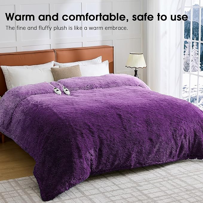 Heated Electric Blanket Queen,Warm Winter Birthday Gifts for Women Her Grandma–Faux Fur with Soft Sherpa,10 Heat Settings,5 Time Settings with Fast Heating, 84x90, Mystic Purple