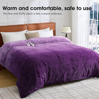 Heated Electric Blanket Queen,Warm Winter Birthday Gifts for Women Her Grandma–Faux Fur with Soft Sherpa,10 Heat Settings,5 Time Settings with Fast Heating, 84x90, Mystic Purple