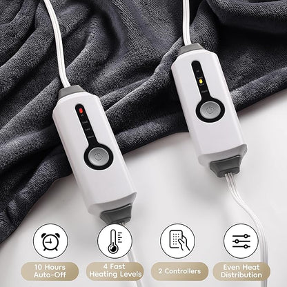 Electric Heated Blanket 84" x 90" Queen Size with Dual Control Warm Flannel Heated Blanket with 4 Heating Levels & 10 Hours Auto-Off, Fast Heating, Machine Washable, for Bedding - Dark Grey